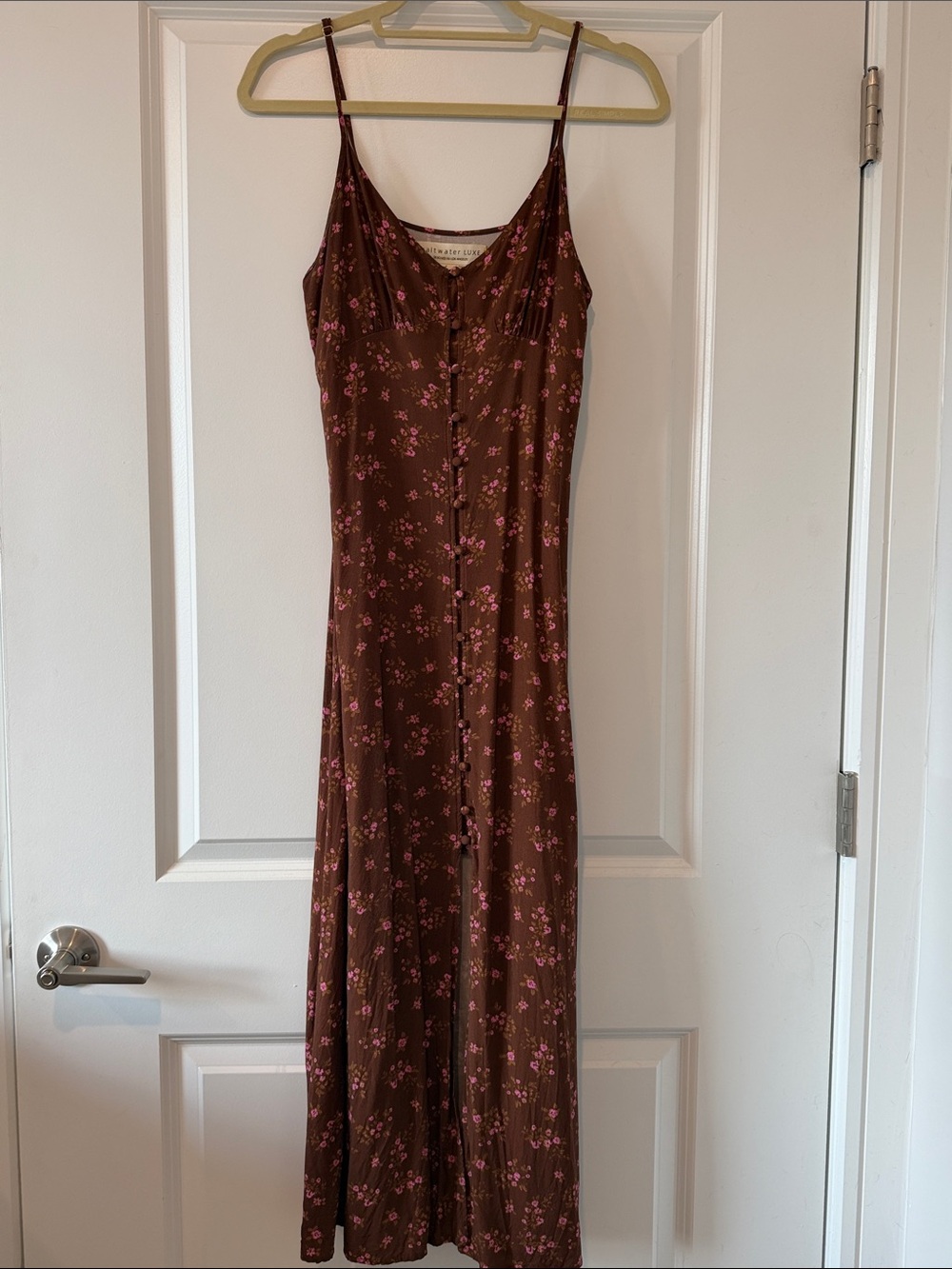 Brown Maxi Slip Dress with Pink Floral Print